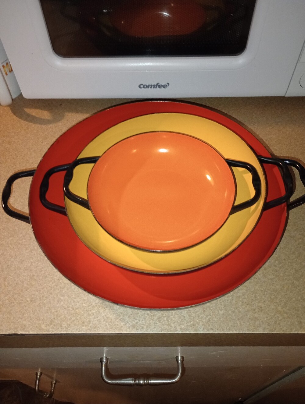 Vintage Orange & Yellow Huta Silesia Enamel Nesting Saute Pans